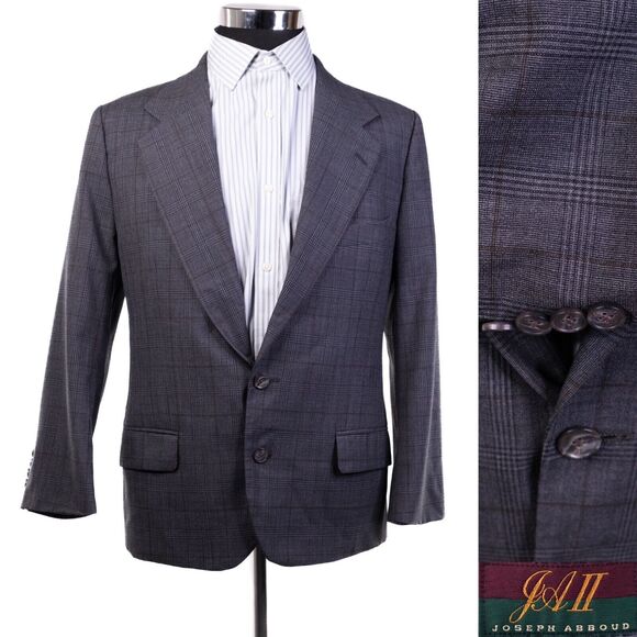 VTG Joseph Abboud Blazer Mens Sport Jacket 40S USA Wool Plaid Light Brown Grey - Picture 1 of 14